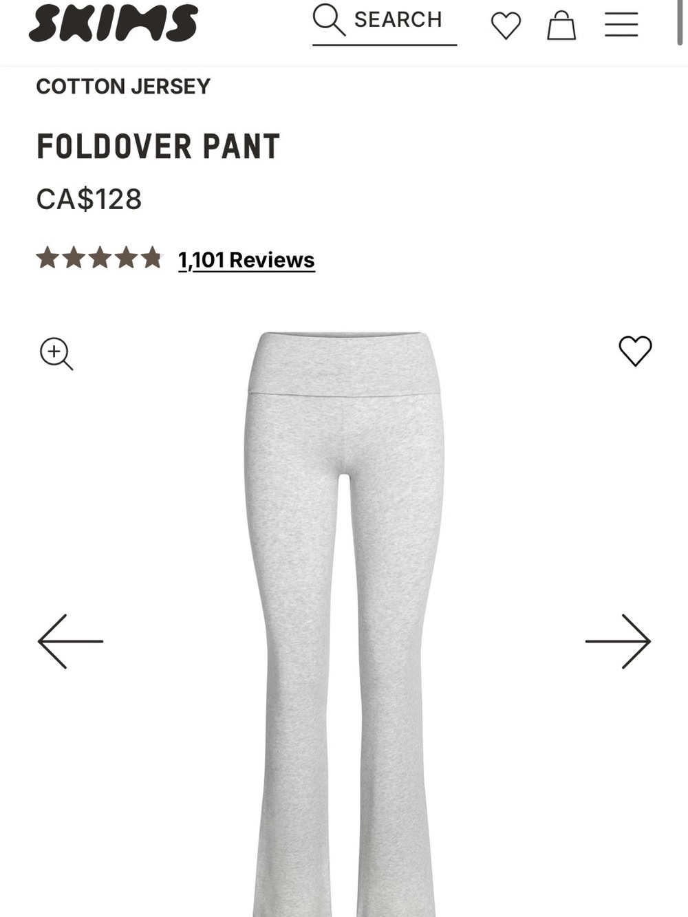 SKIMS Cotton Jersey Foldover Pant in Light Heather Grey - Size M - New